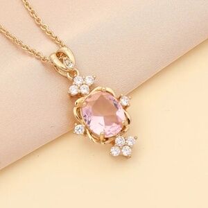 *AELLA* Gold x Lt. Pink Fashion Zircon Rhinestone Necklace